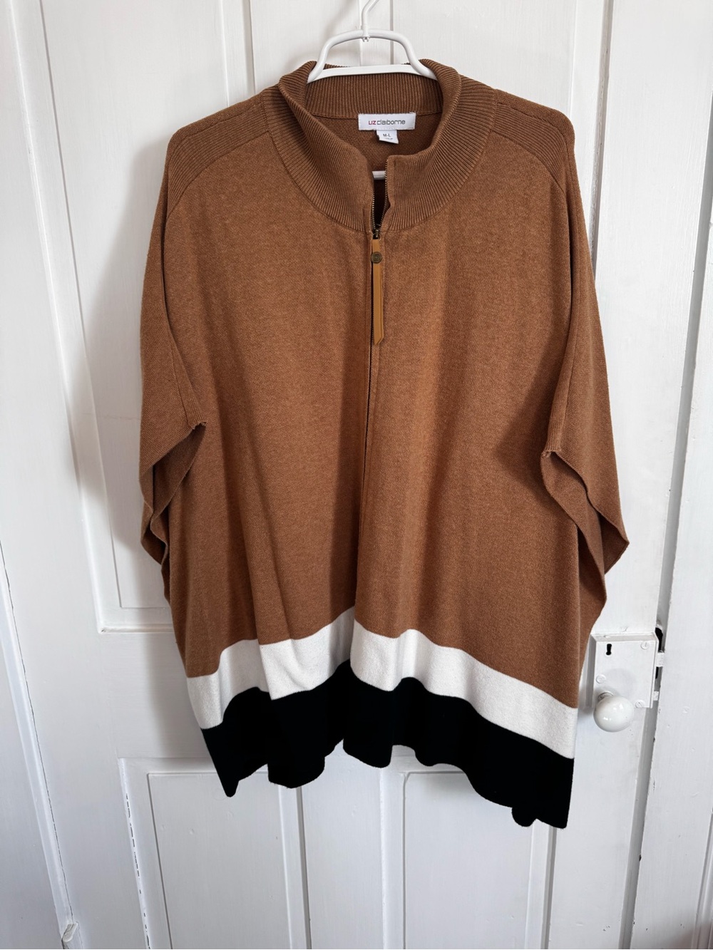 Liz Claiborne Brown, White & Black Colorblock Half-Zip Poncho Sweater